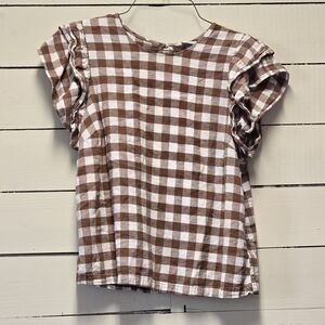 a new day Brown and White Gingham Ruffle Sleeve Blouse